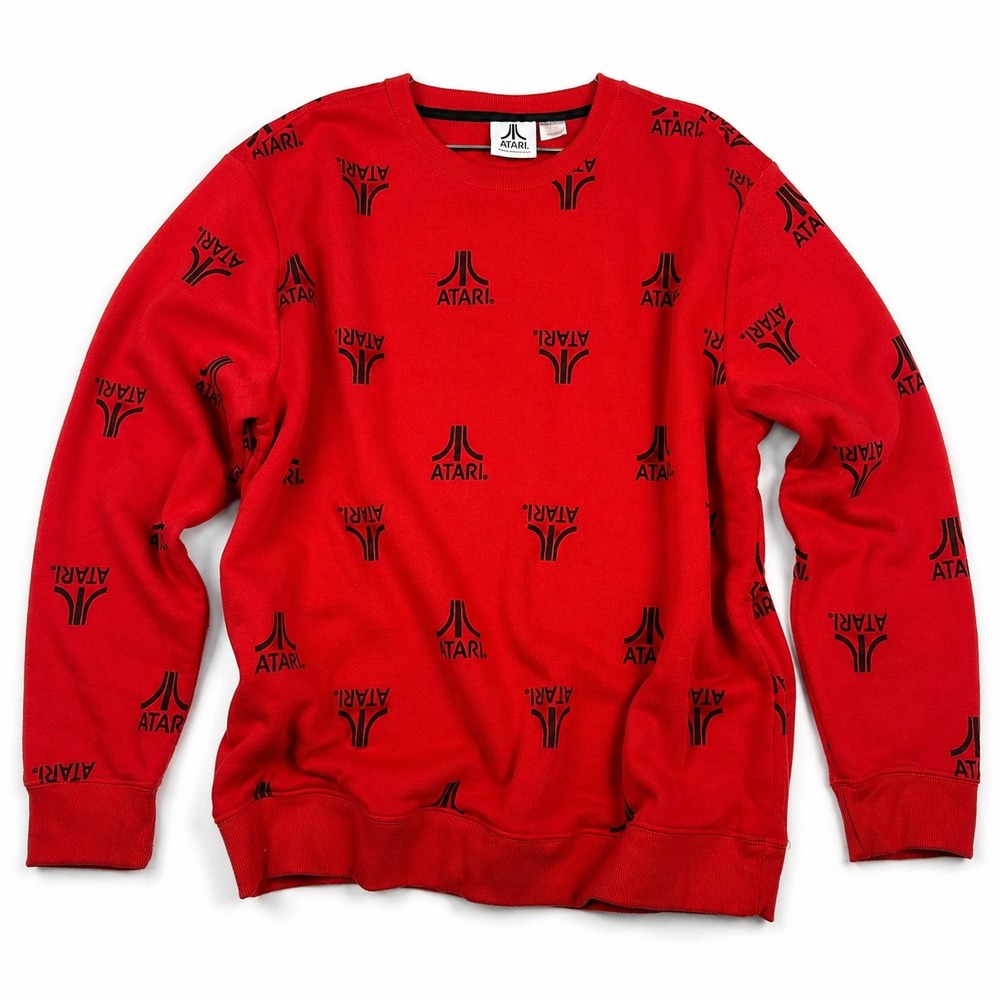 Atari All Over Logo Sweatshirt Men's XL Red Black Retro Gaming Y2K Crewneck